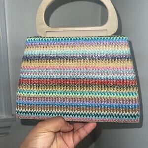 NWOT Alessia Bianchi striped cloth, wood top handle crossbody bag